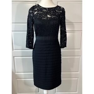 Adrianna Papell Black Lace Bodice Tiered Sheath Cocktail‎ Dress Womens Size 2